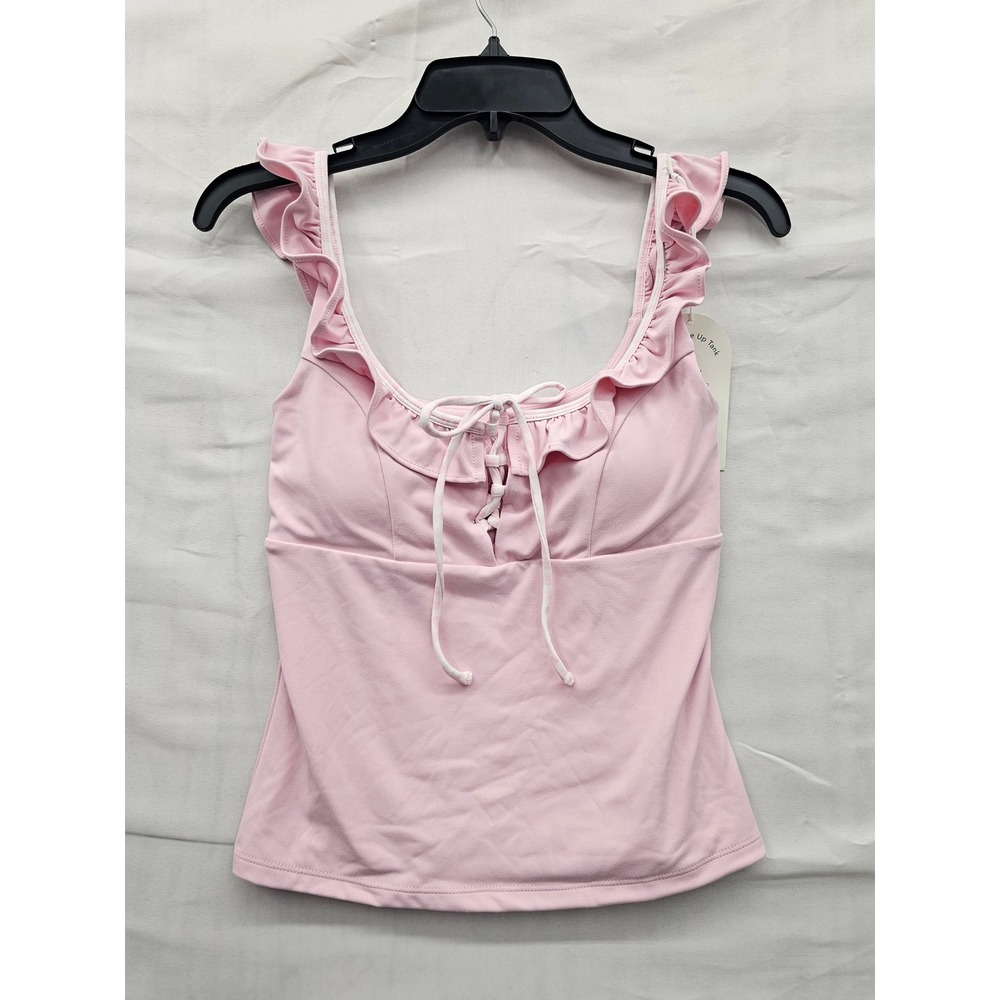 Blogilates Womens Ruffle Lace Up Athletic Tank Top Pink Poly Blend XS XS